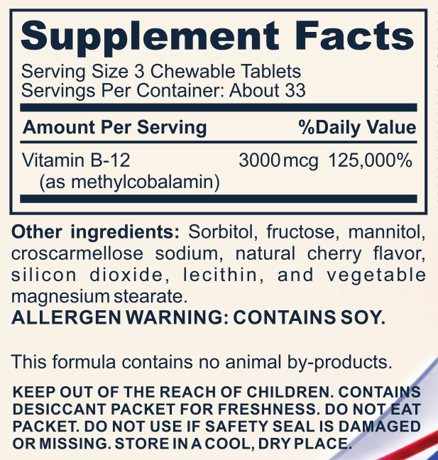 B-12 CHEWABLE 3,000 MCG supplement facts label